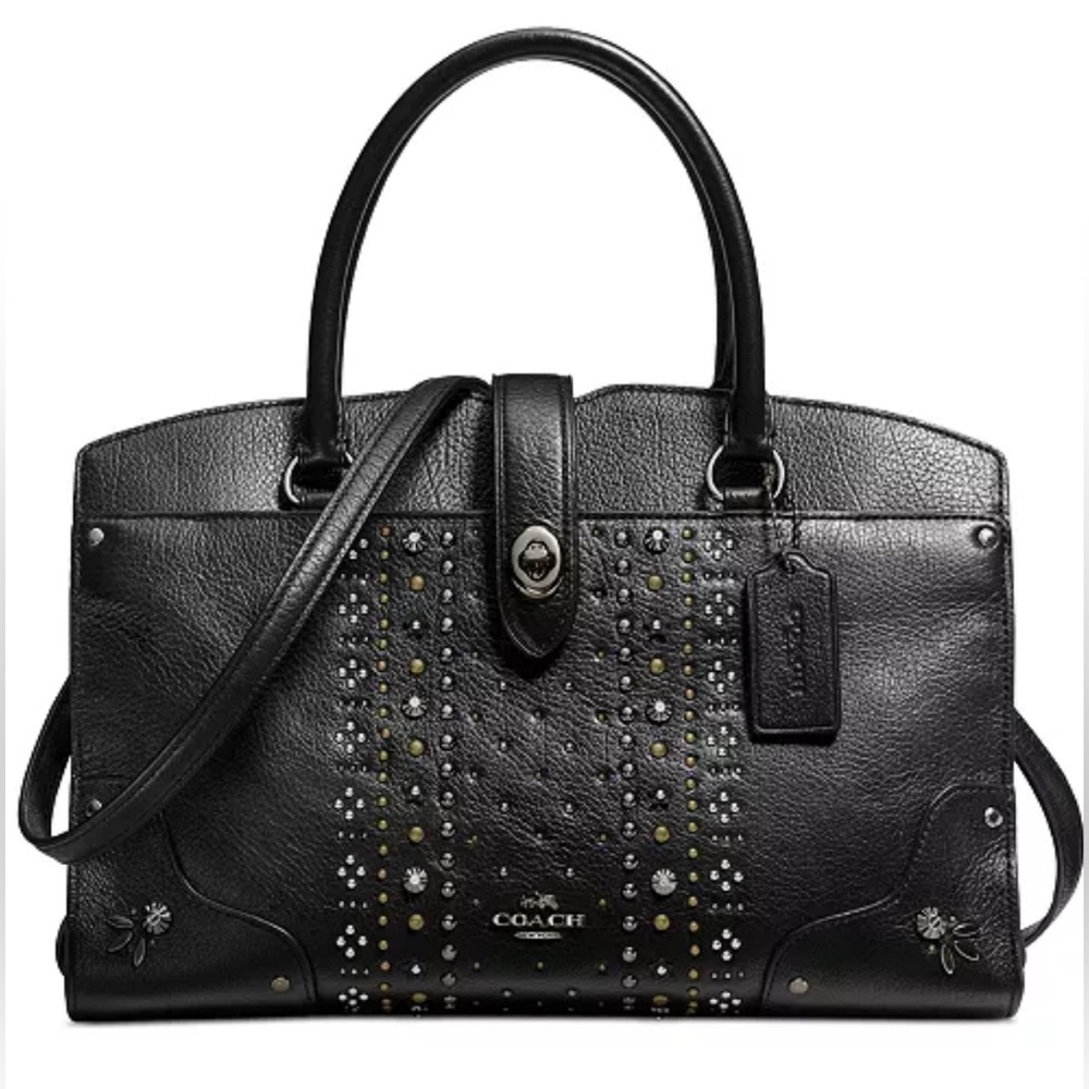 COACH Bandana Rivets Mercer Satchel 30 in Polished Pebble Leather Black